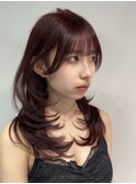 韓国ざくざくレイヤーハッシュカット小顔オルチャン前髪　赤髪