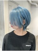 ●水色ハンサムショートウルフカット中性ウルフヘアミニウルフ