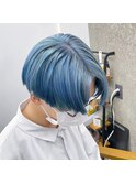 【メンズセンターパートマッシュ×水色カラー】ケアブリーチ