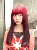 ハイトーンデザインレッドカラー姫カットロングヘア