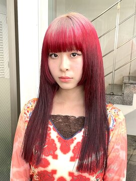レコ 渋谷(LECO) ハイトーンデザインレッドカラー姫カットロングヘア