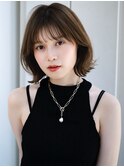 流し前髪くびれボブパーマオリーブベージュ切りっぱなしボブ