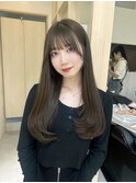 小顔薄めバンググレージュレイヤーロング前髪パーマ黒髪
