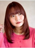 顔周りレイヤーチェリーブラウンミディアム似合わせカット前髪