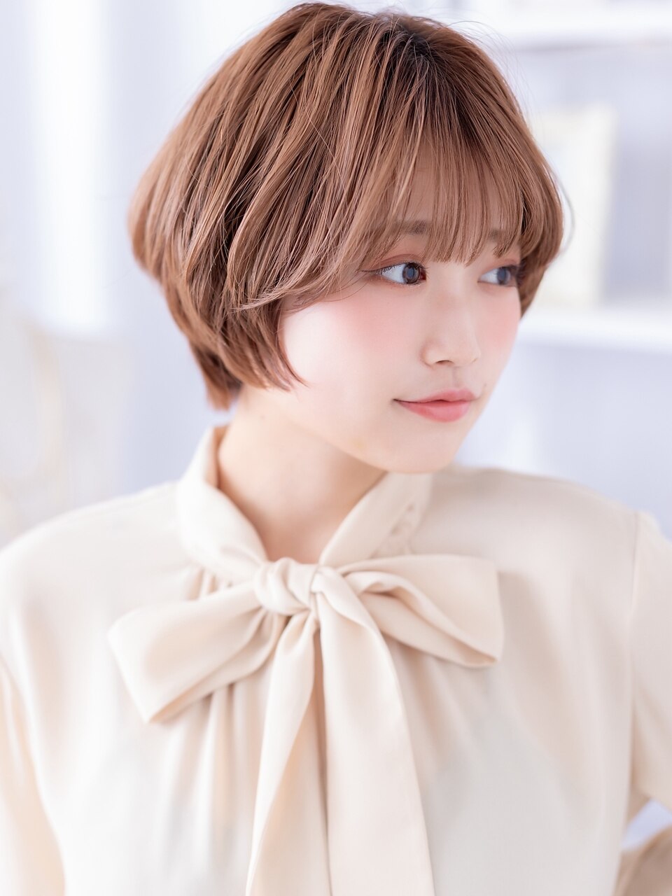 お茶様モッズショートベージュ、ロングベージュ ミルクティーピンクベージュ小顔レイヤーショートボブc8越谷30代