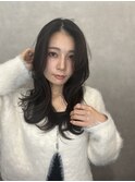 顔周りレイヤー/黒髪/面長/センターパート/Aラインロング