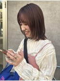 ピンクレッド暖色カラーレイヤーボブ前上がりミディアム