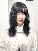 レイヤーカットパーマ黒髪ネビージュ小顔ワンレン