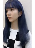 ネイビーブルー大人美人ぱっつん可愛い前髪切りっぱなしロング