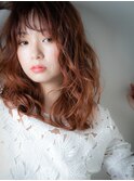 インナーカラーオレンジブラウン小顔ウェーブw上尾10代20代30代