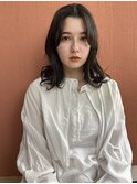 黒髪グレーベージュレイヤーロング前髪パーマアッシュブラック