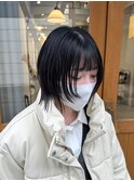 黒髪ウルフ残留なし黒染めブルーブラック就活カラーボブウルフ