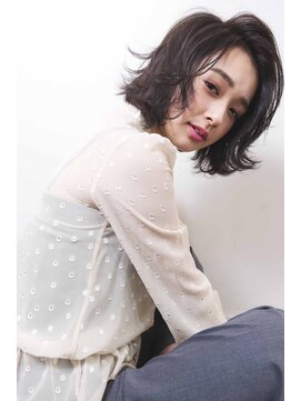 ヘアデザイン ソラ(Sola) 重めウェット無造作外ハネボブ×かきあげバング×黒髪暗髪