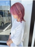 20代30代ダブルカラーシアーピンクミディアムウルフボブ