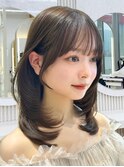 前髪顔まわり小顔矯正ミディアムレイヤー透明感グレージュカラー