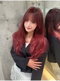 ★丸型逆三角ホワイトグレージュデジタルパーマチェリーブラウン