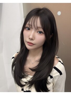 顔まわり小顔レイヤー/ミディアムレイヤー/オリーブブラウン