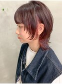 ウルフカット、インナーカラー、チェリーピンク、ブリーチ