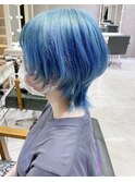 マットブルーカラー＼ダブルカラーボブウルフショート10代.20代