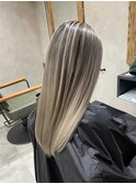 バレイヤージュ、ハイライト、レイヤーロング、グレーベージュ