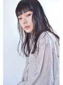 モードカジュアル 黒髪パッツン前髪 ダークブルーアッシュ