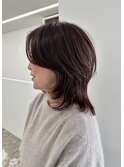 ウェーブミディアムショートボブ 前髪なしブリーチなしカラー
