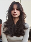 韓国風レイヤー顔回りカットロングレイヤーダークブラウン