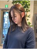 オリーブカラーブリーチなしダブルカラー透明感カラーロングボブ