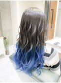 【エンドカラー】暗めカラーアッシュ×毛先ブルーカラー
