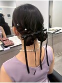 ヘアアレンジ お団子 ツインテール リボン 結婚式 お呼ばれ 20代