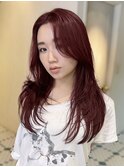 チェリーレッド×レイヤーカット/デザインカラー/暖色カラー