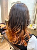 グラデーション/オレンジ/オンブレ/ウェーブ巻き/グレーベージュ