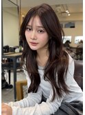 ロングレイヤー くびれヘア 韓国ヘア チョコブラウン