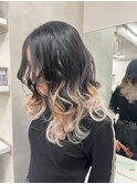 13585ブリーチ＆インナーカラー黒髪金髪ホワイトブロンドパーマ