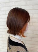 大人可愛い丸みボブ外ハネインナーカラーオレンジ