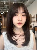 顔周りレイヤーカットグレージュカラーくびれボブベージュカラー