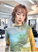 ボブパーマ顔まわりレイヤー前上がりオレンジブラウンミニボブ