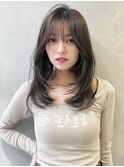 □ 暗めカラー顔周りレイヤーカットミディアムヘア韓国大宮