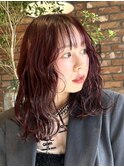 ミディアムレイヤー波巻きボルドー暖色ワインレッド向ヶ丘遊園