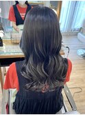 透明感カラー アッシュグレージュ  黒髪風　ロングレイヤー