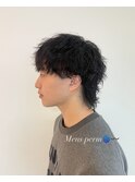 メンズミディアムパーママッシュウルフカット波巻きスパイラル