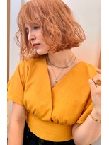 チェレ ロッソ 金剛店(Chere rosso)&nbsp;前髪あり/パッツとボブゆるふわミックスパーマ/オレンジベージュ