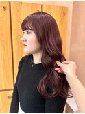 ローズブラウン ラウンドバング 暖色カラー ロング 巻き髪