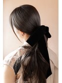 シースルーバングフェイスラインレイヤーリボンヘアアレンジ