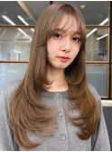 春カラー×韓国風レイヤー髪質改善カラーロングヘア透明感