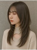 セミロングレイヤー韓国風外巻き前髪あり大人可愛い