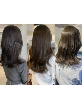 赤み消し透明感カラーでミディアム、ロングカラーと相性抜群！艶と透明感が満ち溢れたカラーで抜け感も◎