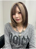 13755ブリーチ＆インナーカラー黒髪金髪ホワイトブロンドボブ
