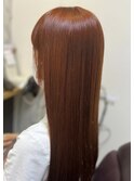 ロングストレート髪質改善カラーオレンジブラウン艶髪スタイル