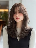 韓国風レイヤー顔回りカットロングレイヤーダークブラウン